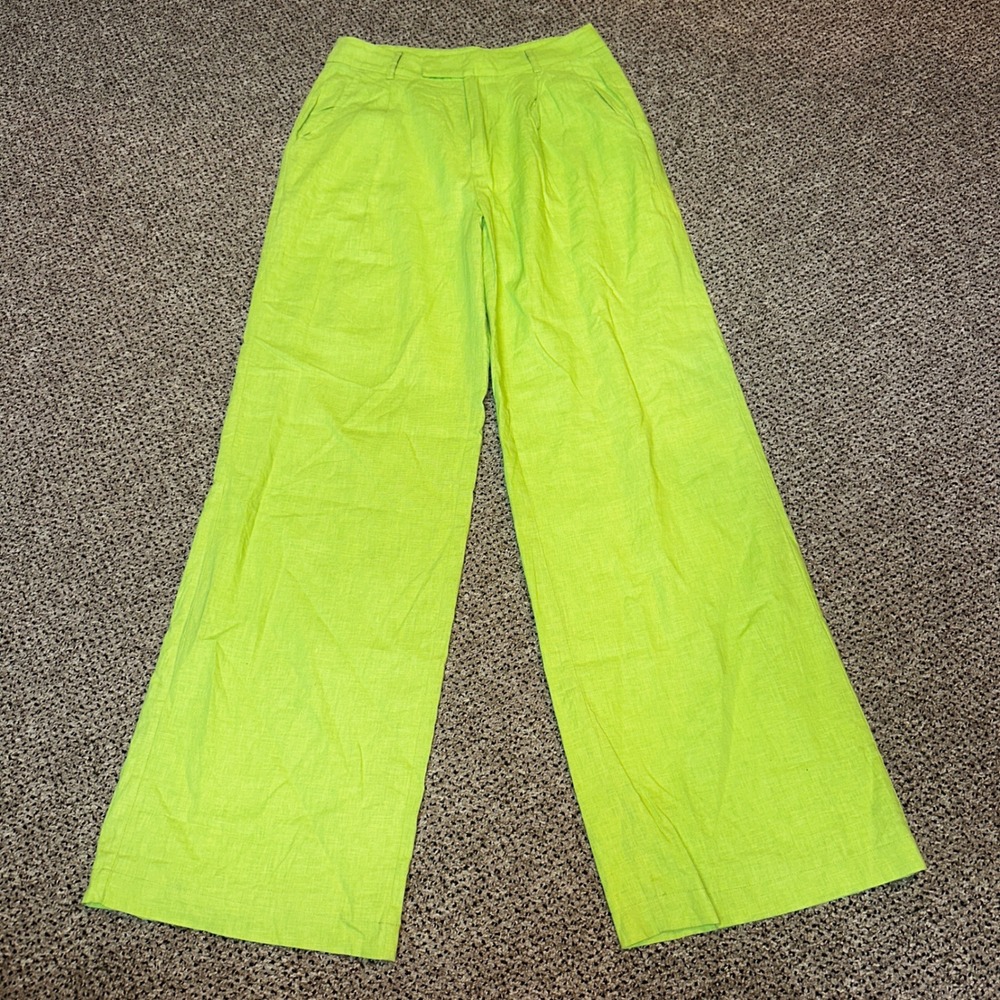 NIA Lime Green Wide Leg‎ Pleated Trousers High Rise Linen Blend Pants Womens